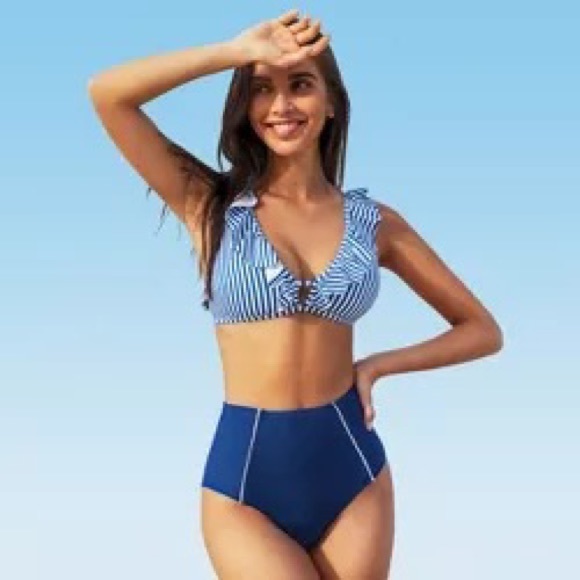 CUPSHE Blue Striped Ruffles High Waisted Bikini, Blue, Size Medi… - Picture 2 of 5